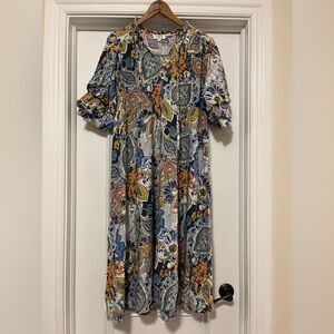 Umgee Women’s Size Large Printed Paisley Floral Midi Dress Short Sleeved Flowy